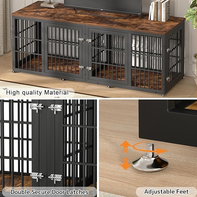 78 Inch Double Dog Crate Furniture, Heavy Duty Extra Large Cage Furniture with Divider for 2 Dogs, Decorative Wooden Kennel Furniture Indoor, Metal Pet House for Large and Medium Dogs