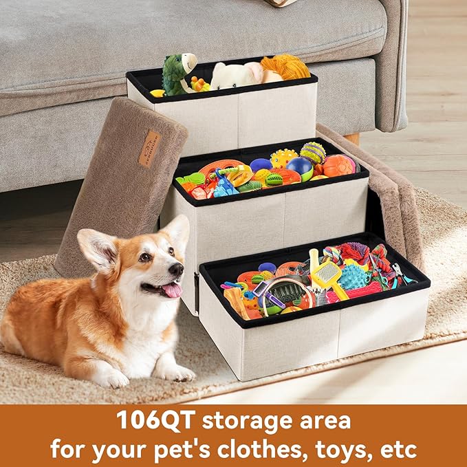 Dog Stairs with Furry Lids 17.5" H, 3-Step Wider Dog Steps with Storage for Small/Medium/Large Dogs Cats, Folding Sturdy Pet Stairs Climbing Bed or Sofa, Dog Ramp for Car Hold Up to 200 lbs, Khaki