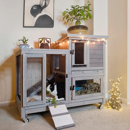 Aivituvin Rabbit Hutch Large Wooden Bunny House Guinea Pig Cages on Wheels, Two Trays, Indoor Outdoor
