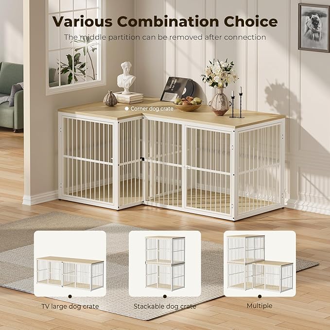 43'' Dog Crate Furniture with 3 Doors, XL Wooden Crate End Table, Heavy Duty Indoor Puppy Cage Kennel for Medium to Large Dogs, Multiple Units Can be Combined, Natural Beech