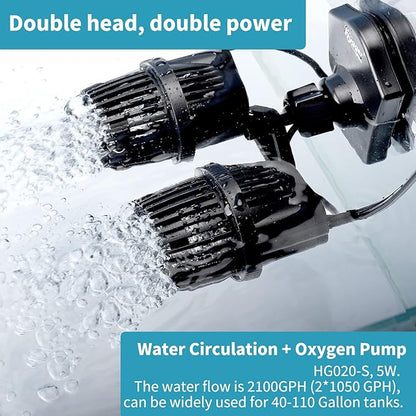 hygger 2100GPH Double Head Aquarium Wave Maker, Quiet 5W Aquarium Circulation Pump, with Strong Magnetic Suction Base, 360°Adjustable Power Head, for 40~110 Gal Tank