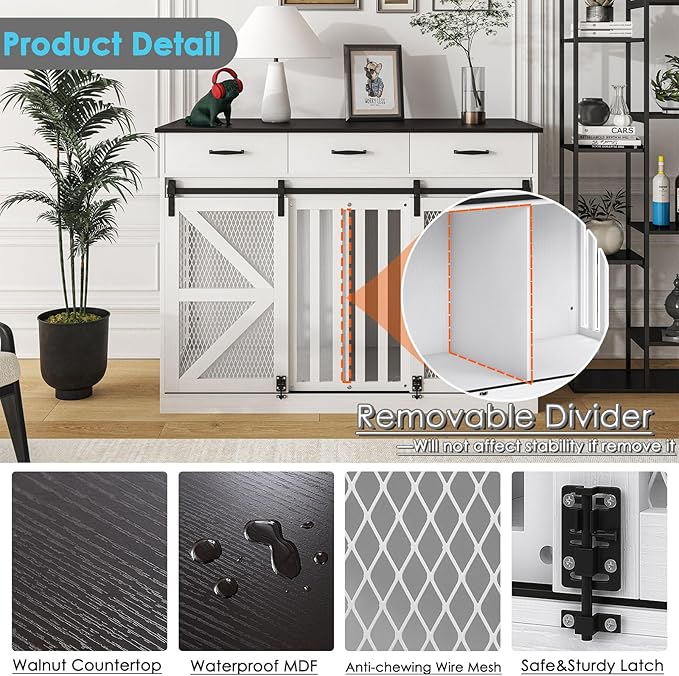 48'' Large Dog Crate Furniture with Divider and 3 Drawers, Wooden Double Dog Cage TV Stand with 2 Sliding Barn Doors, Extra Large Dog Cage Table, Sturdy Dog Kennel Indoor(White)