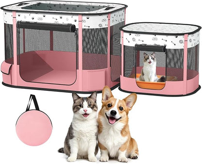 Portable Cat Playpen with litter box area, Foldable Pet Dog Playpen, for Kitten Puppy Play Pen Indoor/Outdoor, Cats Enclosure Cages Tent with Carrying Case, 600D Oxford 8-Rods, 32"x24"x22", Pink