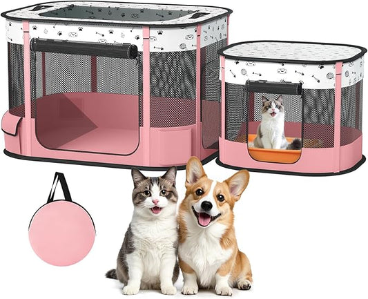 Portable Cat Playpen with litter box area, Foldable Pet Dog Playpen, for Kitten Puppy Play Pen Indoor/Outdoor, Cats Enclosure Cages Tent with Carrying Case, 600D Oxford 8-Rods, 32"x24"x22", Pink