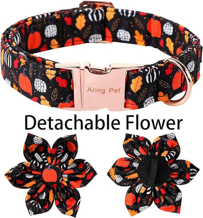 ARING PET Halloween Dog Collar-Cotton Black Pumpkin Dog Collar with Flower, Adjustable Fall Leaves Dog Collars Pet Necklace with Metal Buckle for Girl&Boy Dogs