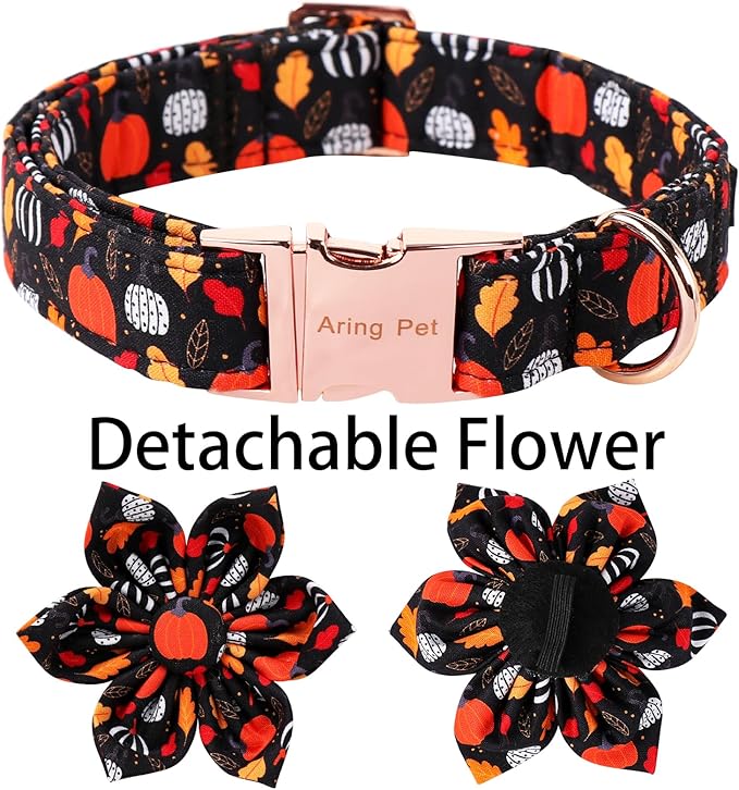 ARING PET Halloween Dog Collar-Cotton Black Pumpkin Dog Collar with Flower, Adjustable Fall Leaves Dog Collars Pet Necklace with Metal Buckle for Girl&Boy Dogs