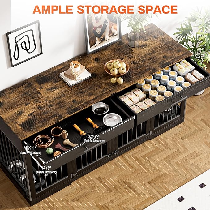 Rophefx 72" Dog Crate Furniture for 2 Dogs, Large Dog Kennel Furniture with 2 Storage Drawers and 4 Bowls, Wooden Dog Cage with Removable Divider, Indoor Dog House TV Stand for Medium Dog, Black