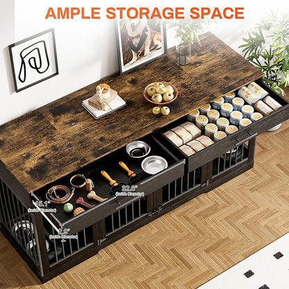 Rophefx 72" Dog Crate Furniture for 2 Dogs, Large Dog Kennel Furniture with 2 Storage Drawers and 4 Bowls, Wooden Dog Cage with Removable Divider, Indoor Dog House TV Stand for Medium Dog, Black