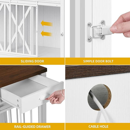 DWVO 63 Inch Double Dog Crate Furniture for 2 Dogs, Heavy Duty Wooden Dog Crate TV Stand with Charging Station, Dog Kennel Indoor Furniture Double Sliding Barn Door Design Ideal for 2 Dogs, White