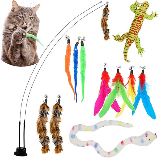 Cat Wand Toy With Suction Cups Interactive Feather Teaser Wand With Worms & Catnip Lizard Snake Chew Toys Cat Toys For Indoor Cats & Kittens Enrichment Toy For Bored Cats With 6 Colorful Attachments