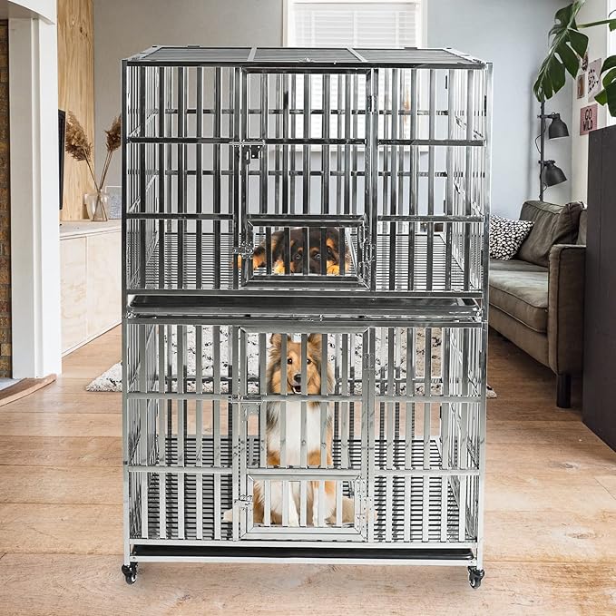 47" Dog Crate Stainless Steel Stackable Heavy Duty Pet Kennel Foldable Indestructible Dog Cage XL Playpen with Lockable Rolling Wheels, Double Door and Removable Tray for Large Dogs