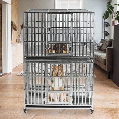 47" Dog Crate Stainless Steel Stackable Heavy Duty Pet Kennel Foldable Indestructible Dog Cage XL Playpen with Lockable Rolling Wheels, Double Door and Removable Tray for Large Dogs