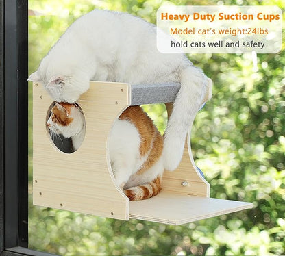 Window Cat Perch Shelves for Inside, Sturdy Wood Climbing Seat Mounted with Heavy Duty Suction Cups, Corner Window Bed for Overlooking and Sleeping(Right)