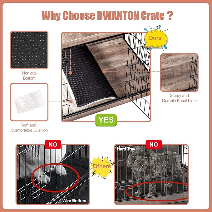 DWANTON Dog Crate Furniture with Cushion, Wooden Dog Crate with Double Doors, Dog Furniture, Indoor Dog Kennelï¼_nd Table, Medium, 32.5" L, Greige