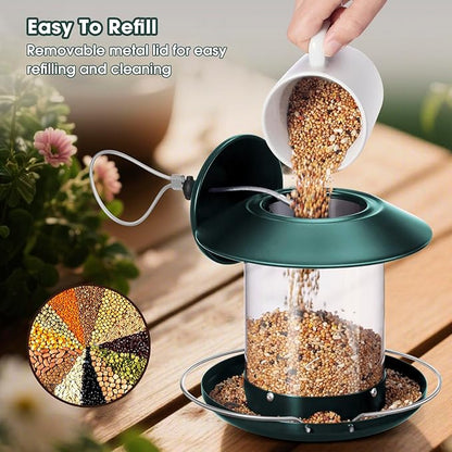 Metal Roof Bird Feeder, Hanging Bird Feeders for Outdoors with 2LB Clear Tube Seed Capacity for Viewing Cardinal Finch, 360° Feeding Wild BirdFeeders for Outside Garden Yard Decoration