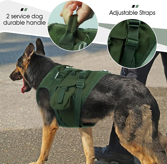 DORA BRIDAL Tactical Dog Harness, Service Dog Molle Vest with Handle, Military Dog Harness with Hook & Loop Panels, Heavy Duty No Pull Adjustable Dog Vest for Training, Walking, Hiking, Green S