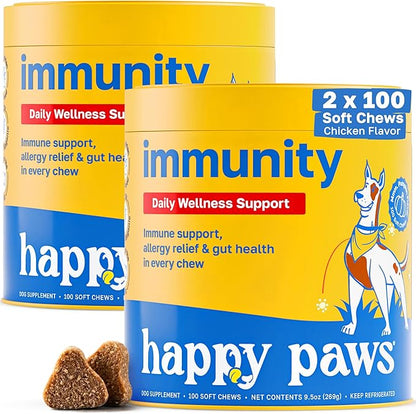 Happy Paws Immunity Supplement for Dogs, Daily Wellness & Immune Support for All Breeds & Ages, Made with Turmeric, Colostrum & Turkey Tail Mushrooms, Pumpkin Flavor, Organic, Non GMO, 200 Soft Chews