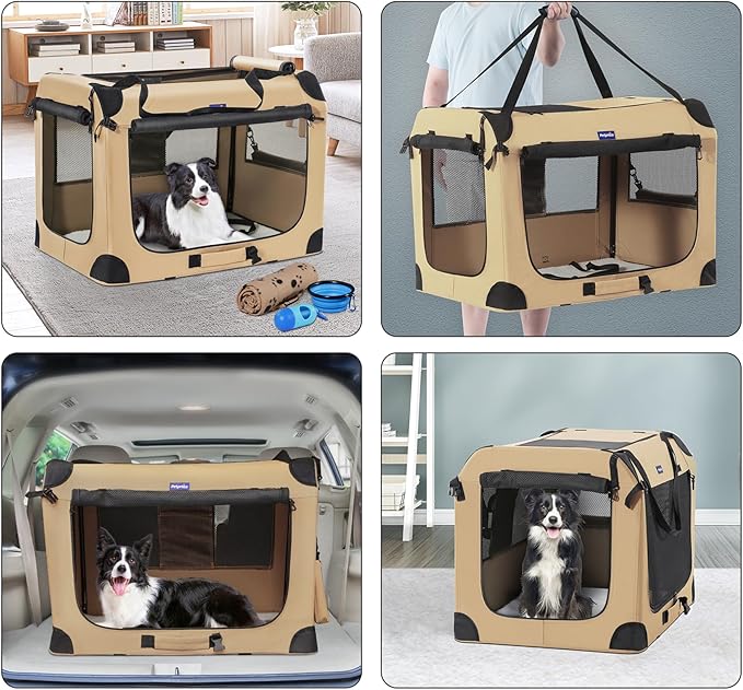 Petprsco Portable Dog Crate - 32"x23"x23" Collapsible Dog Travel Crate for Medium/Large Dogs with Soft Blanket, Foldable Bowl & Poop Bag Dispenser - Indoor & Outdoor Use