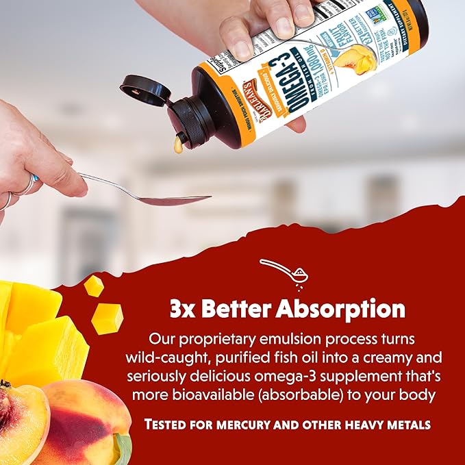 Barlean's Mango Peach Omega 3 Fish Oil Supplements - 1080mg of EPA/DHA, 600 IU Vitamin D3 for Brain, Heart, Joint, & Immune Health - Non GMO, Gluten Free, All-Natural Fruit Smoothie - 8-Ounce