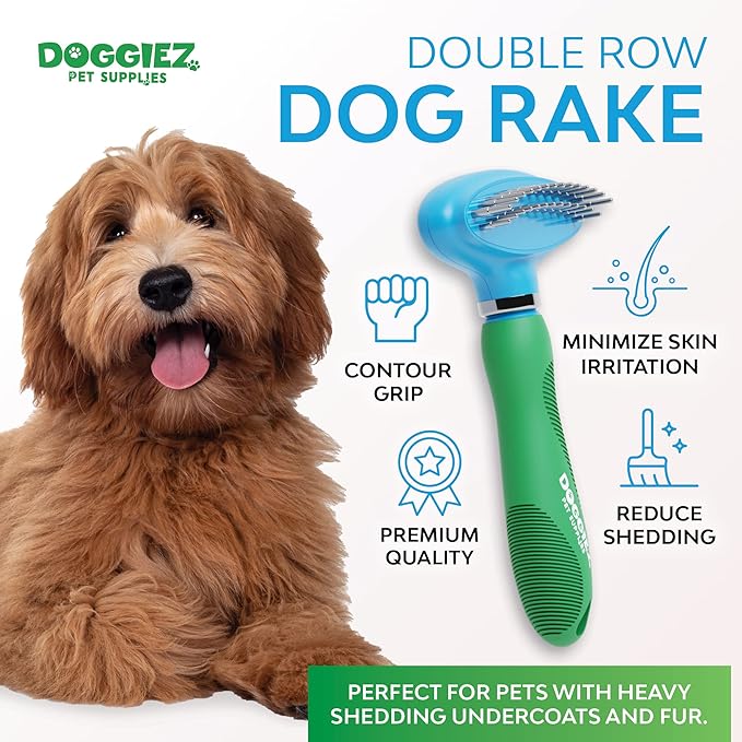 Double Row Dog Rake Deshedding Comb for Matted Hair - Top Fur & Undercoat Deshedding Brush for Dogs & Cats, Long Hair & Short - Undercoat Rake Brush for Shedding - Grooming Tool