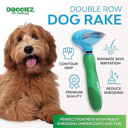 Double Row Dog Rake Deshedding Comb for Matted Hair - Top Fur & Undercoat Deshedding Brush for Dogs & Cats, Long Hair & Short - Undercoat Rake Brush for Shedding - Grooming Tool