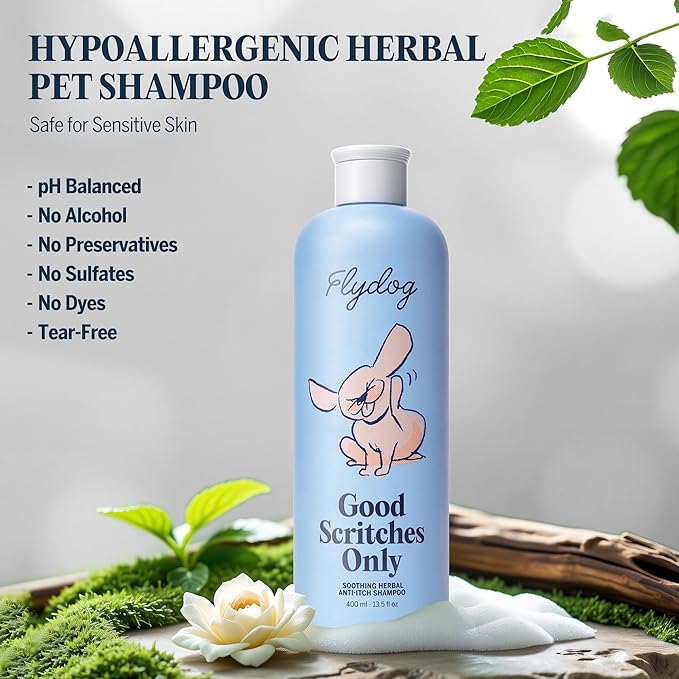 FLYDOG Dog Cat Shampoo Itchy Skin Relief: Natural Herbal Hypoallergenic Pet Shampoo, Deshedding Dandruff Control Deodorizing Moisturizing for Dry Flaky Smelly Skin, Perfect for Puppies Kittens