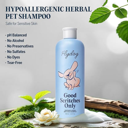 FLYDOG Dog Cat Shampoo Itchy Skin Relief: Natural Herbal Hypoallergenic Pet Shampoo, Deshedding Dandruff Control Deodorizing Moisturizing for Dry Flaky Smelly Skin, Perfect for Puppies Kittens
