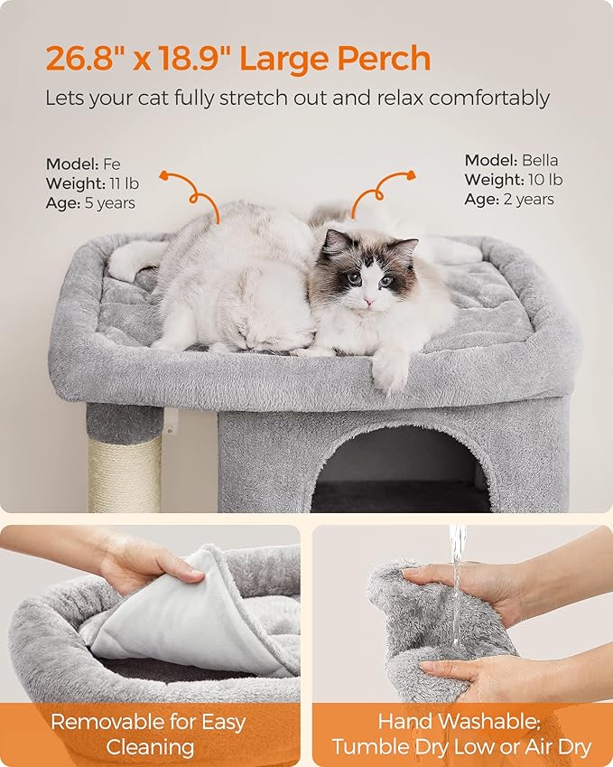 Feandrea Cat Tree, 39.8-Inch Cat Tower, XL, Cat Condo for Extra Large Cats up to 44 lb, Large Cat Perch, 2 Cat Caves, Scratching Post, Light Gray UPCT614W01