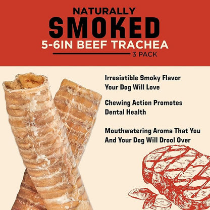 Barkworthies USA Hickory Smoked Beef Trachea 6-inch 3-Pack - Amazing Aroma, Great Taste - Natural Source of Glucosamine & Chondroitin for Hip & Joint Health, High-Protein - Natural Smoked Dog Chews