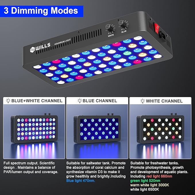 WILLS Aquarium Light, Full Spectrum Reef Lights for Coral with Dual Dimmable Channels, 55 Premium SMD Chips, Daisy Chain Design, Hanging Saltwater Fish Tank Light for SPS/LPS Coral Reef (165W/Black)