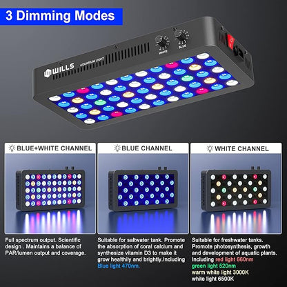 WILLS Aquarium Light, Full Spectrum Reef Lights for Coral with Dual Dimmable Channels, 55 Premium SMD Chips, Daisy Chain Design, Hanging Saltwater Fish Tank Light for SPS/LPS Coral Reef (165W/Black)