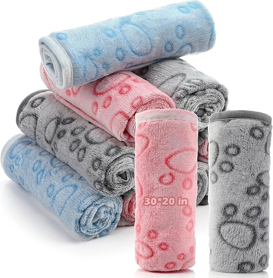 Tegeme 12 Pieces Pet Blanket Soft Fleece Dog Fluffy Doggie Warm Felt Throw Spring Cute Paw Print Puppy Kitten Sleep Mat Bed Covers for Cat (30 x 20 Inch,Pink,Gray,Blue)