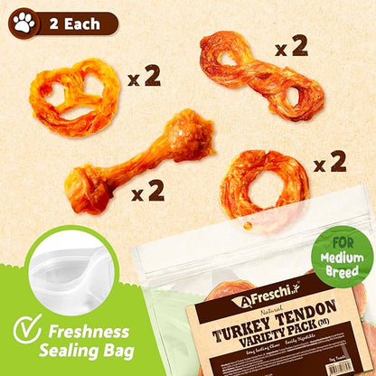 Afreschi Turkey Tendon Dogs Treats, 10 oz Variety Pack (for Medium Breeds), Turkey Sourced from USA, All Natural Puppy Chew, Hypoallergenic, Rawhide Alternative