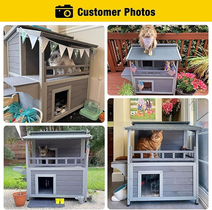 Aivituvin Outdoor Feral Cat House Wooden Kitty Shelter with Large Balcony,Escape Door,Waterproof