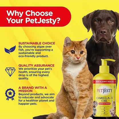 PetJesty Pure Omega 3 Oil for Dogs & Cats 26.39oz - Omega 3 Skin & Coat Support- Liquid Food Supplement for Pets - Vegan pet + DHA for Joint Function, Immune & Heart Health, Non Fish Oil Dog and Cat