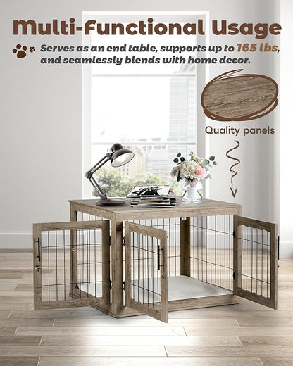 Dog Crate Furniture, 38 inch Large Dog Crates with Bed Mat, Wooden Dog Kennel Furniture, End Side Table Dog Cage with 3 Doors, Greige