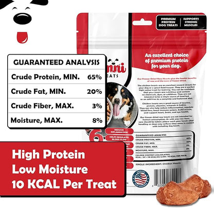 Freeze Dried Chicken Hearts for Dogs - Limited Ingredient Preservative Free High Protein Dog Treats - Raw Single Ingredient Treats for Pets - 3.75oz Bag