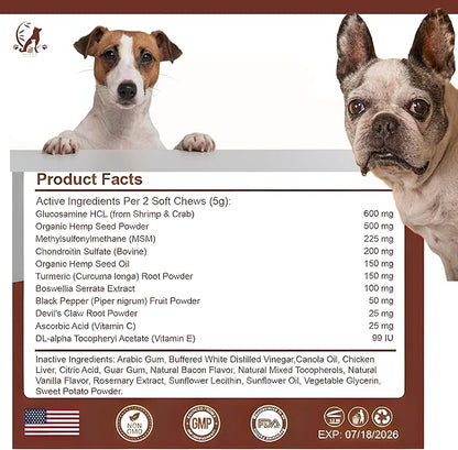 2-Pack Dog Pain Relief Hip and Joint Supplements | Glucosamine for Dogs 600mg | Organic Hemp Seed Powder/Oil 650mg | Chondroitin, MSM, Turmeric, Vitamins C & E+ | 240 Bacon Mobility Supplements