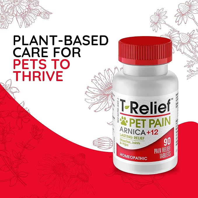 T-Relief Pet Pain Relief Arnica +12 Powerful Natural Medicines Help Ease Muscle Joint & Hip Pain Soreness Stiffness & Injuries Max Fast-Acting Soother for Dogs & Cats - 90 Tablets