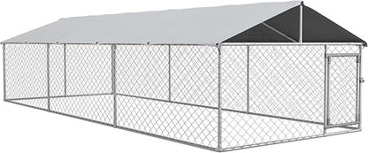 PawHut Large Dog Kennel Outside, Heavy Duty Dog Cage with Waterproof Cover, Outdoor Fence Dog Run with Galvanized Chain Link, Secure Lock, 19.7' x 7.5' x 4.9'
