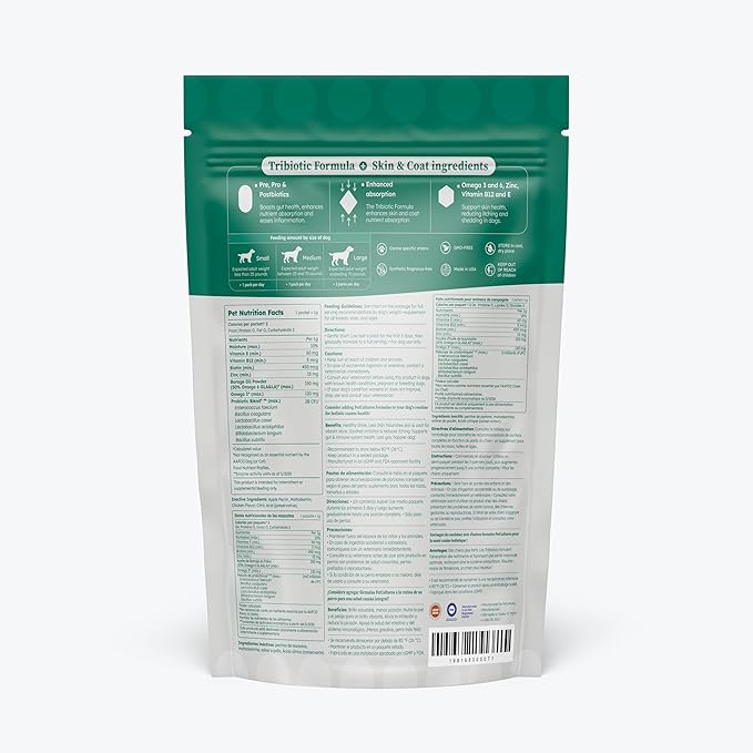 Petcultures Skin & Coat TriBiotic Formula | Powder Food Topper Supplement, Not a Treat with Probiotic, Prebiotic and Postbiotic | with Omegas, Biotin & Zinc for Skin Vitality | 30 Packs | Made in USA