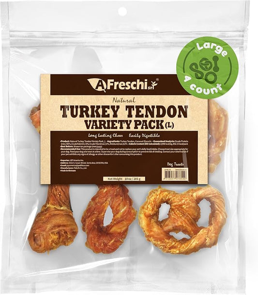 Afreschi Turkey Tendon Dog Treats, 10 oz Variety Pack (for Large Breeds), Turkey Sourced from USA, All Natural Puppy Chew, Hypoallergenic, Rawhide Alternative