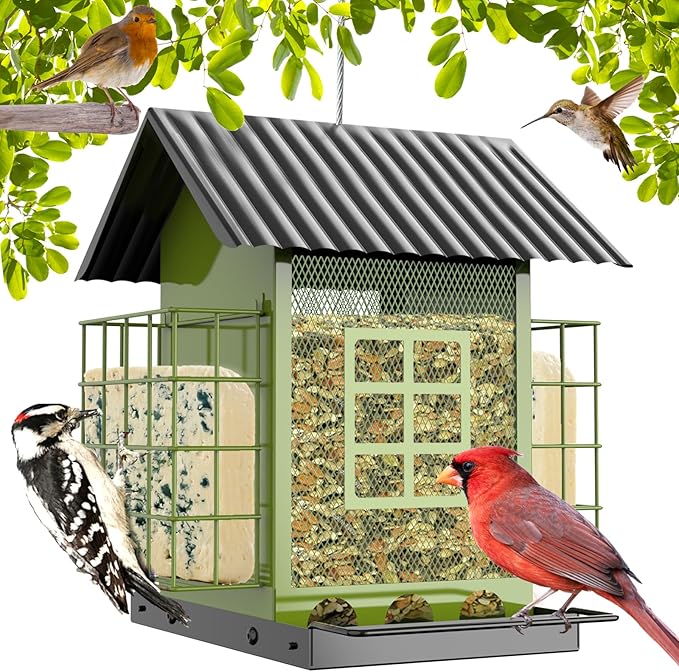 Bird Feeders for Outdoors Hanging, Metal Bird Feeder with Double Suet Cage Cake, Large Capacity, Birdfeeders Sturdy & Weatherproof, Easy to Clean & Refill, Great for Attracting Wild Birds