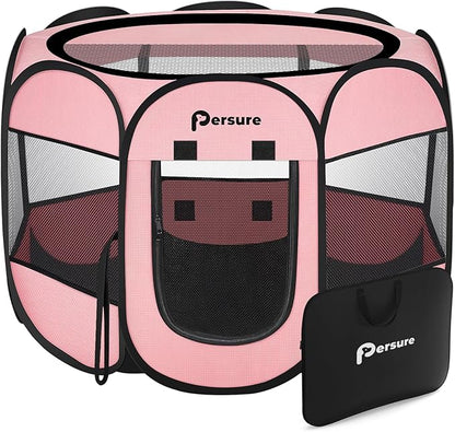 Dog Cat Playpen Indoor Outdoor for Puppy Pet Cat Recovery After Surgery, Dog Tent Crates Cage Indoor/Outdoor, Portable Pop Up Dog Kennel with Carrying Case for Travel (Premium Pink, Large)