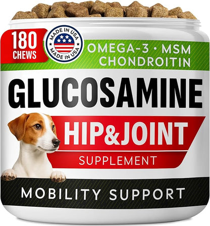 Glucosamine Treats for Dogs - Joint Supplement w/Omega-3 Fish Oil - Chondroitin, MSM - Advanced Mobility Chews - Joint Pain Relief - Hip & Joint Care - Peanut Butter Flavor - 180 Ct - Made in USA