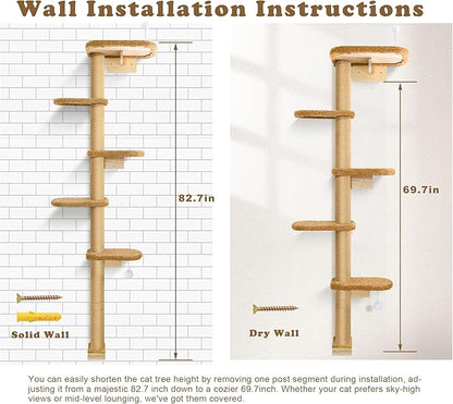 5-Tier Tall Cat Tree for Kittens, Floor to Ceiling Wall Mounted Cat Wall Shelves with Brown Plush Pads, Adjustable Wild Simulation Cat Tower for Climbing, Scratching & Lookout