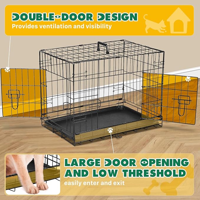 DUMOS 24-Inch Dog Crate, Small Double-Door Folding Metal Kennel with Divider Panel and Leak-Proof Pan, Portable Dog Cage for Indoor, Outdoor, and Travel