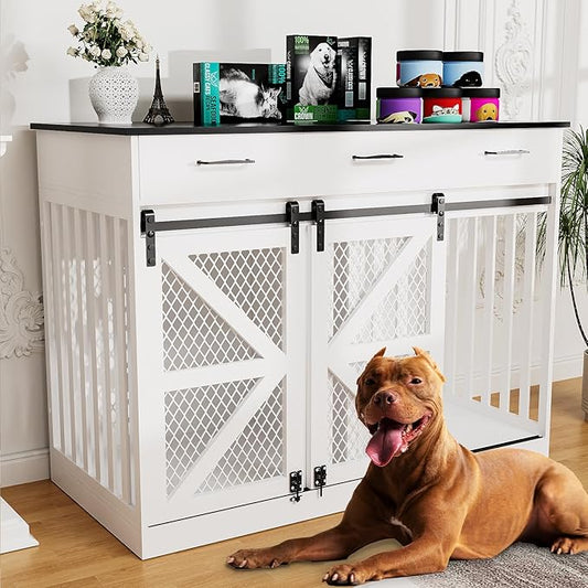 48'' Large Dog Crate Furniture with Divider and 3 Drawers, Wooden Double Dog Cage TV Stand with 2 Sliding Barn Doors, Extra Large Dog Cage Table, Sturdy Dog Kennel Indoor(White)
