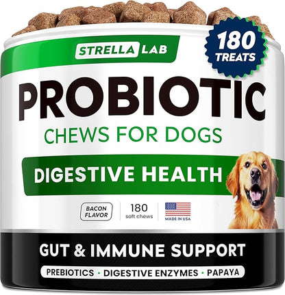 STRELLALAB Dog Probiotics Chews for Digestive Health & Gut Support with Yeast and Enzymes - Anti Gas, Diarrhea and Upset Stomach Immune Supplement - Digestion Treats with Fiber (180Ct, Bacon)