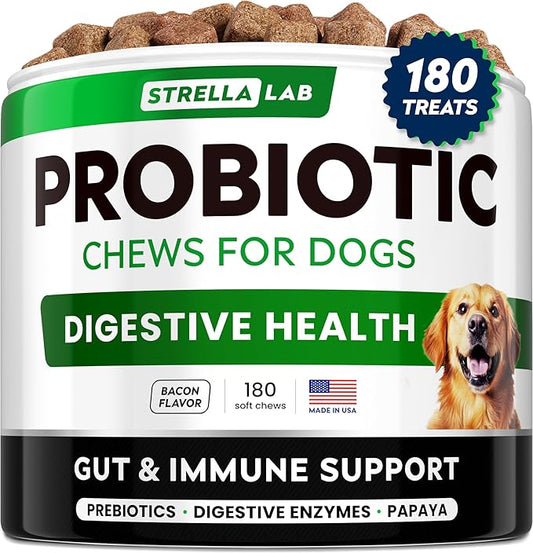 STRELLALAB Dog Probiotics Chews for Digestive Health & Gut Support with Yeast and Enzymes - Anti Gas, Diarrhea and Upset Stomach Immune Supplement - Digestion Treats with Fiber (180Ct, Bacon)